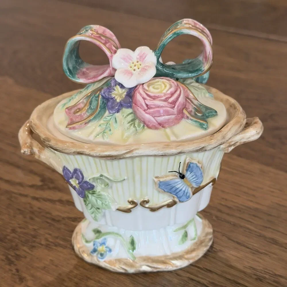 Fitz and Floyd Classics Woodland Spring Sugar Creamer Set Lid Spoon Box Vintage